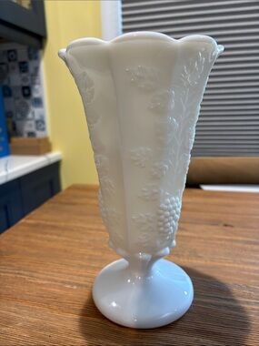 Westmoreland White Milk Glass Pedestal Vase with Grape and Floral Relief
